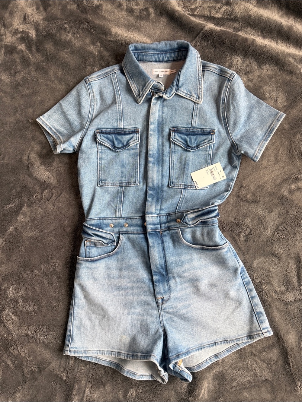 Good American Light Blue Denim One-Piece Romper - Classic Short Sleeve